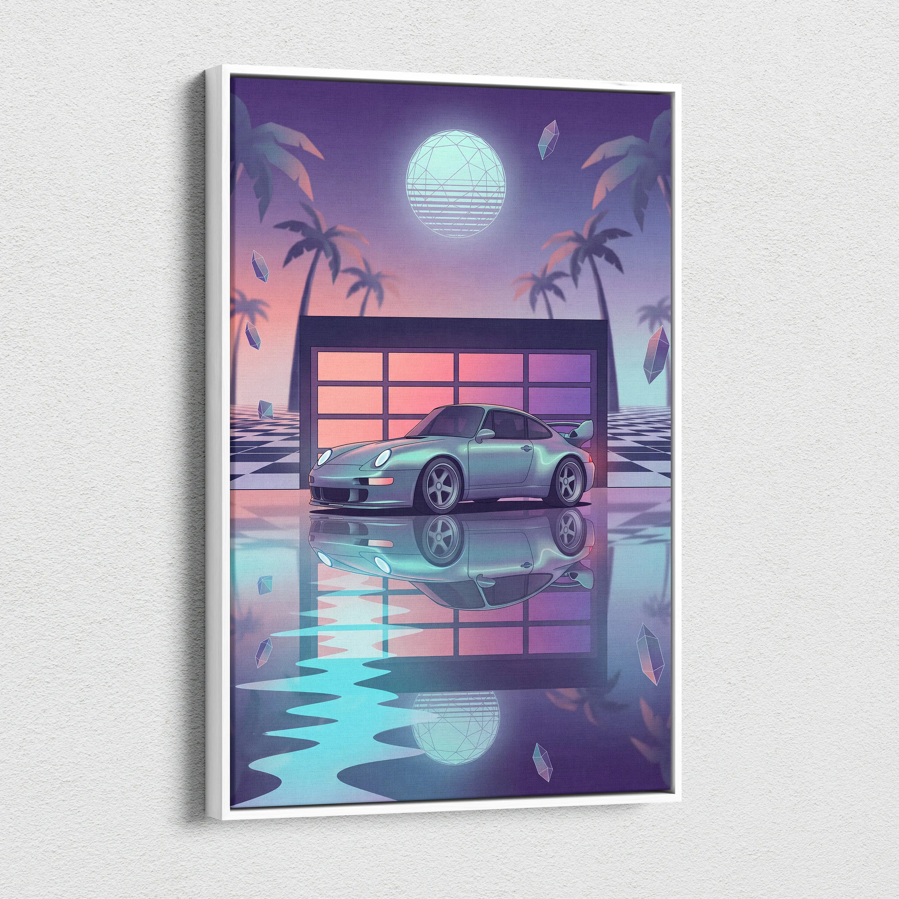 Porsche 911 GT2 Classic Inspired Silver Purple Canvas Wall Art Vaporwave Neon Garage Sports Car Artwork, Retro Palm Sunset Decor