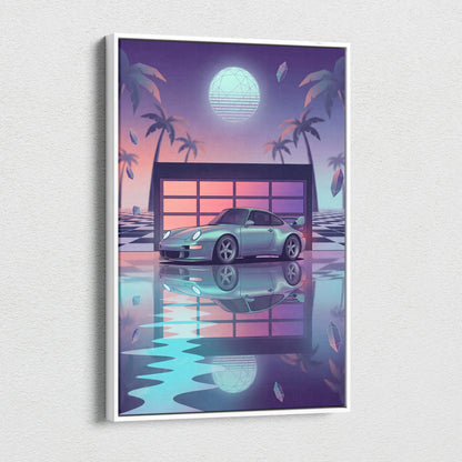 Porsche 911 GT2 Classic Inspired Silver Purple Canvas Wall Art Vaporwave Neon Garage Sports Car Artwork, Retro Palm Sunset Decor