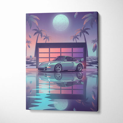 Porsche 911 GT2 Classic Inspired Silver Purple Canvas Wall Art Vaporwave Neon Garage Sports Car Artwork, Retro Palm Sunset Decor