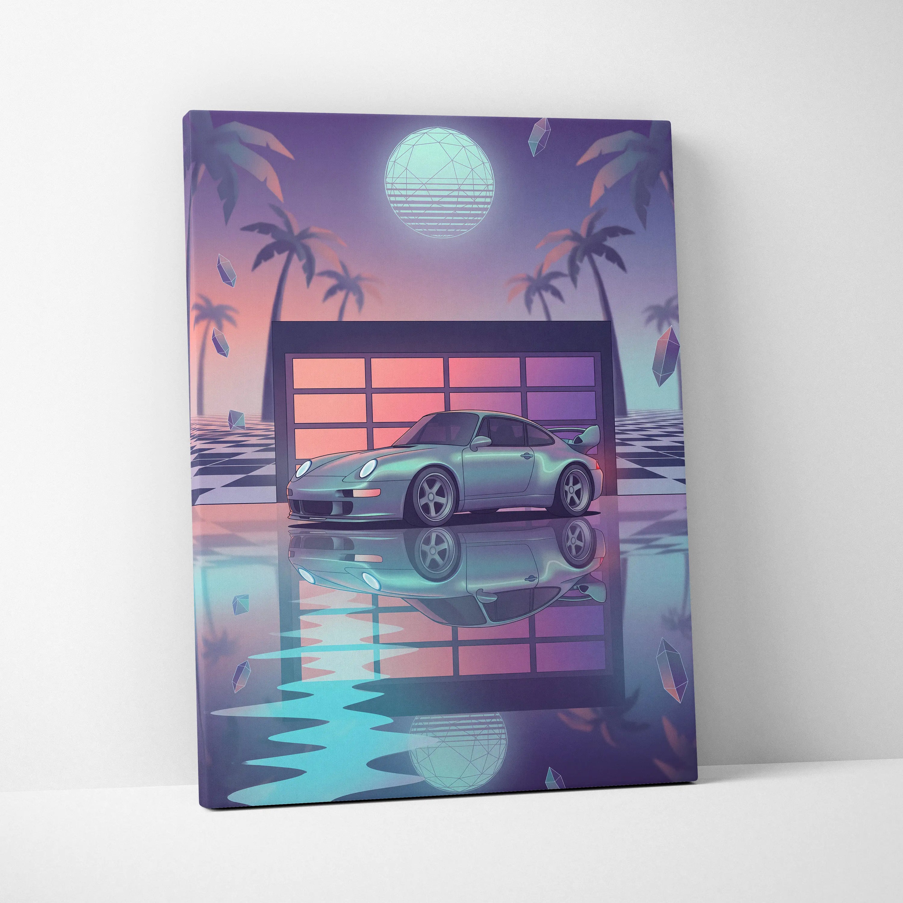 Porsche 911 GT2 Classic Inspired Silver Purple Canvas Wall Art Vaporwave Neon Garage Sports Car Artwork, Retro Palm Sunset Decor