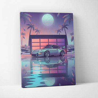 Porsche 911 GT2 Classic Inspired Silver Purple Canvas Wall Art Vaporwave Neon Garage Sports Car Artwork, Retro Palm Sunset Decor