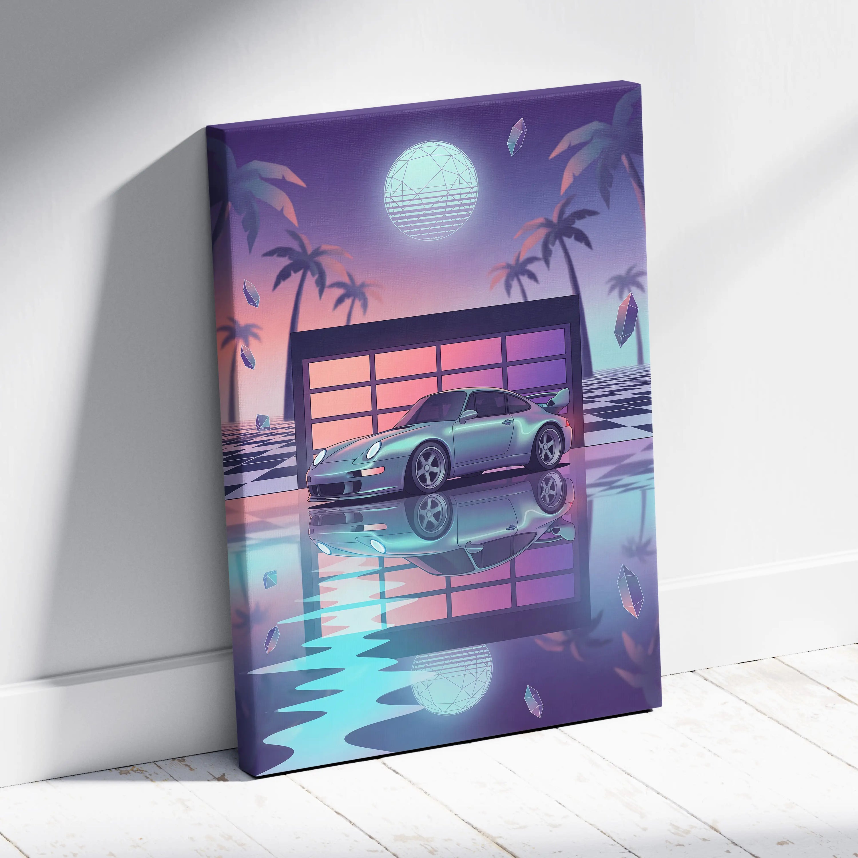 Porsche 911 GT2 Classic Inspired Silver Purple Canvas Wall Art Vaporwave Neon Garage Sports Car Artwork, Retro Palm Sunset Decor