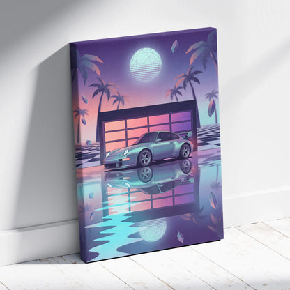 Porsche 911 GT2 Classic Inspired Silver Purple Canvas Wall Art Vaporwave Neon Garage Sports Car Artwork, Retro Palm Sunset Decor