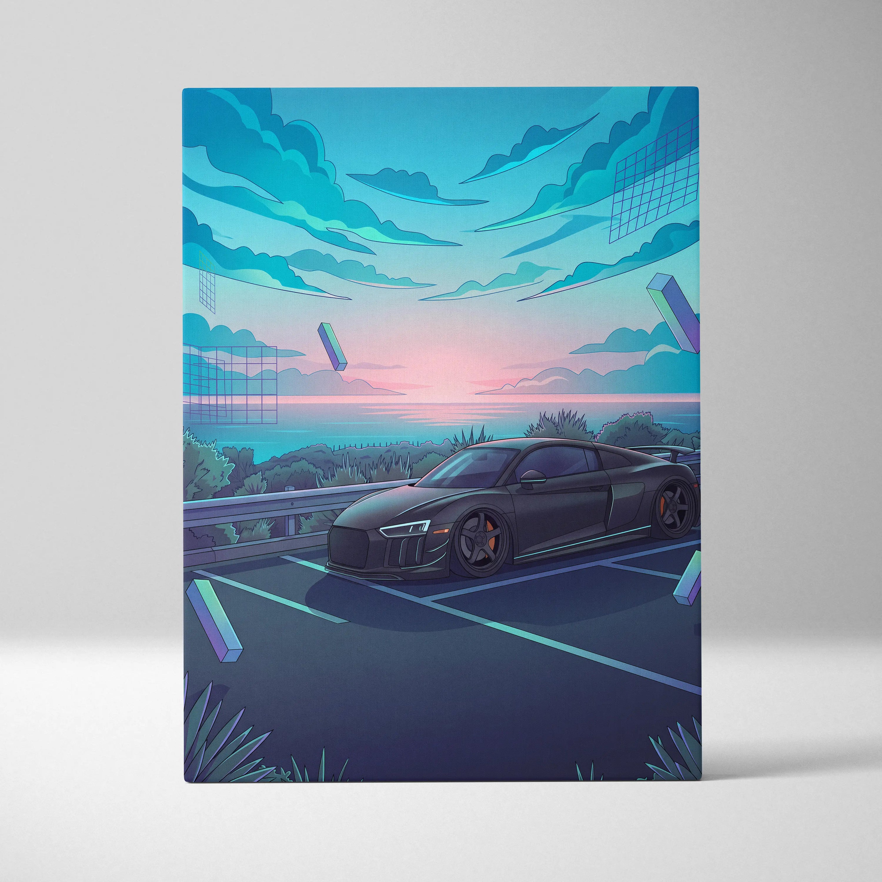 Audi R8 Inspired Black Blue Canvas Wall Art Vaporwave Coastal Road Sports Car Artwork, Dreamy Neon Sunset Garage Decor