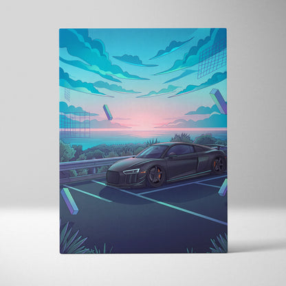Audi R8 Inspired Black Blue Canvas Wall Art Vaporwave Coastal Road Sports Car Artwork, Dreamy Neon Sunset Garage Decor