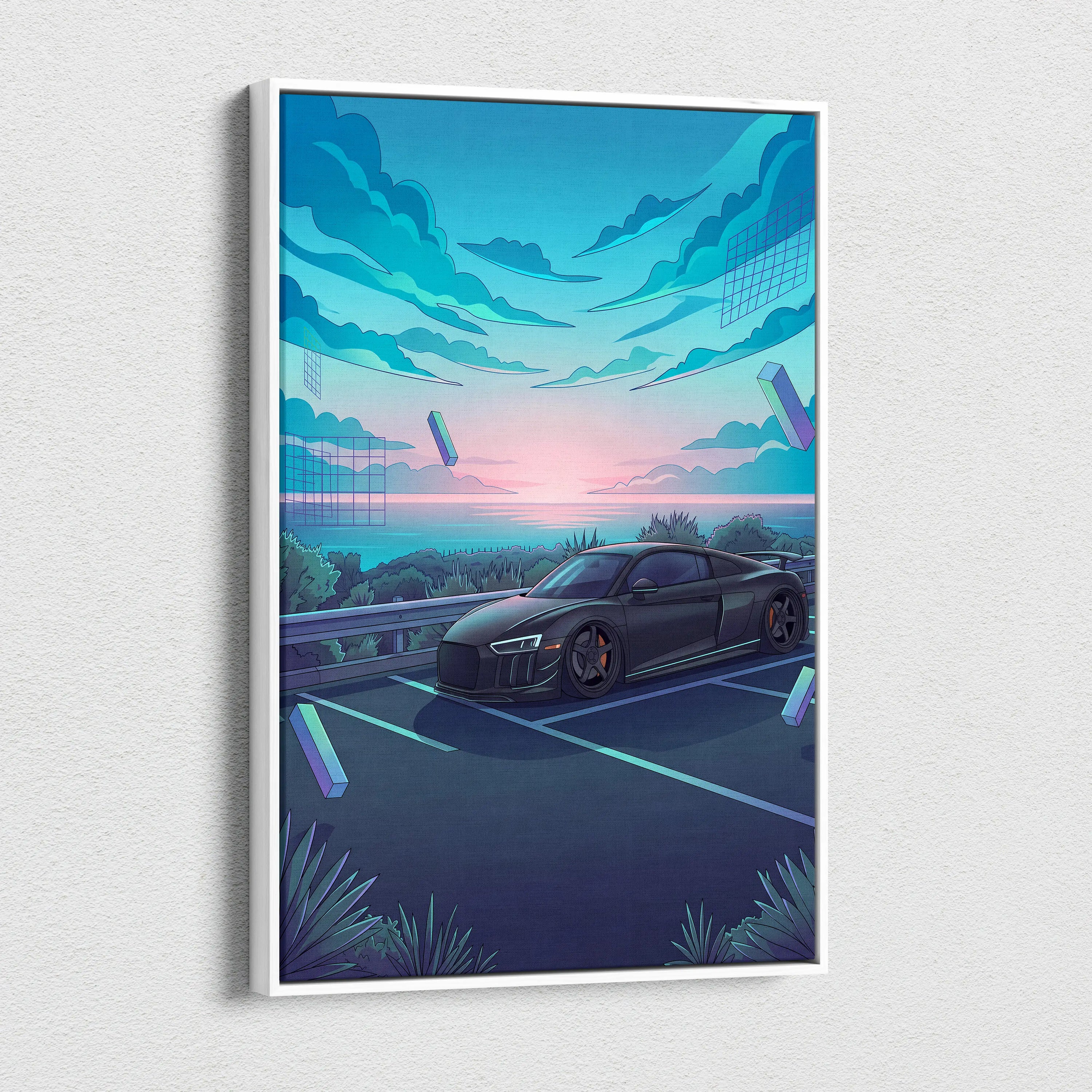 Audi R8 Inspired Black Blue Canvas Wall Art Vaporwave Coastal Road Sports Car Artwork, Dreamy Neon Sunset Garage Decor