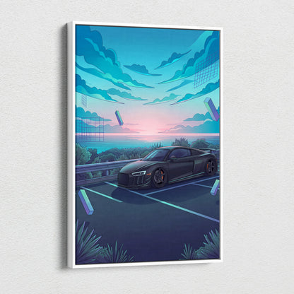 Audi R8 Inspired Black Blue Canvas Wall Art Vaporwave Coastal Road Sports Car Artwork, Dreamy Neon Sunset Garage Decor