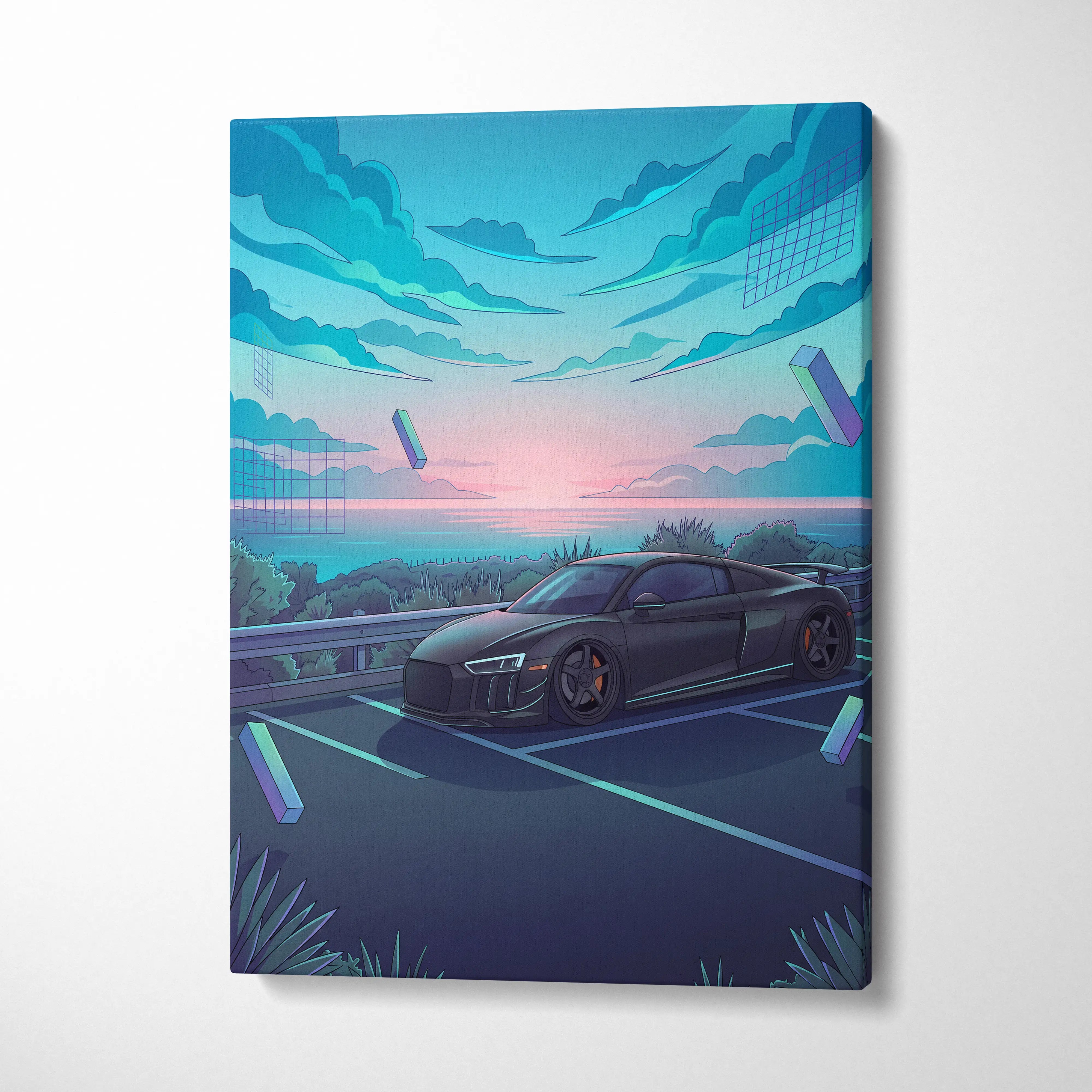Audi R8 Inspired Black Blue Canvas Wall Art Vaporwave Coastal Road Sports Car Artwork, Dreamy Neon Sunset Garage Decor