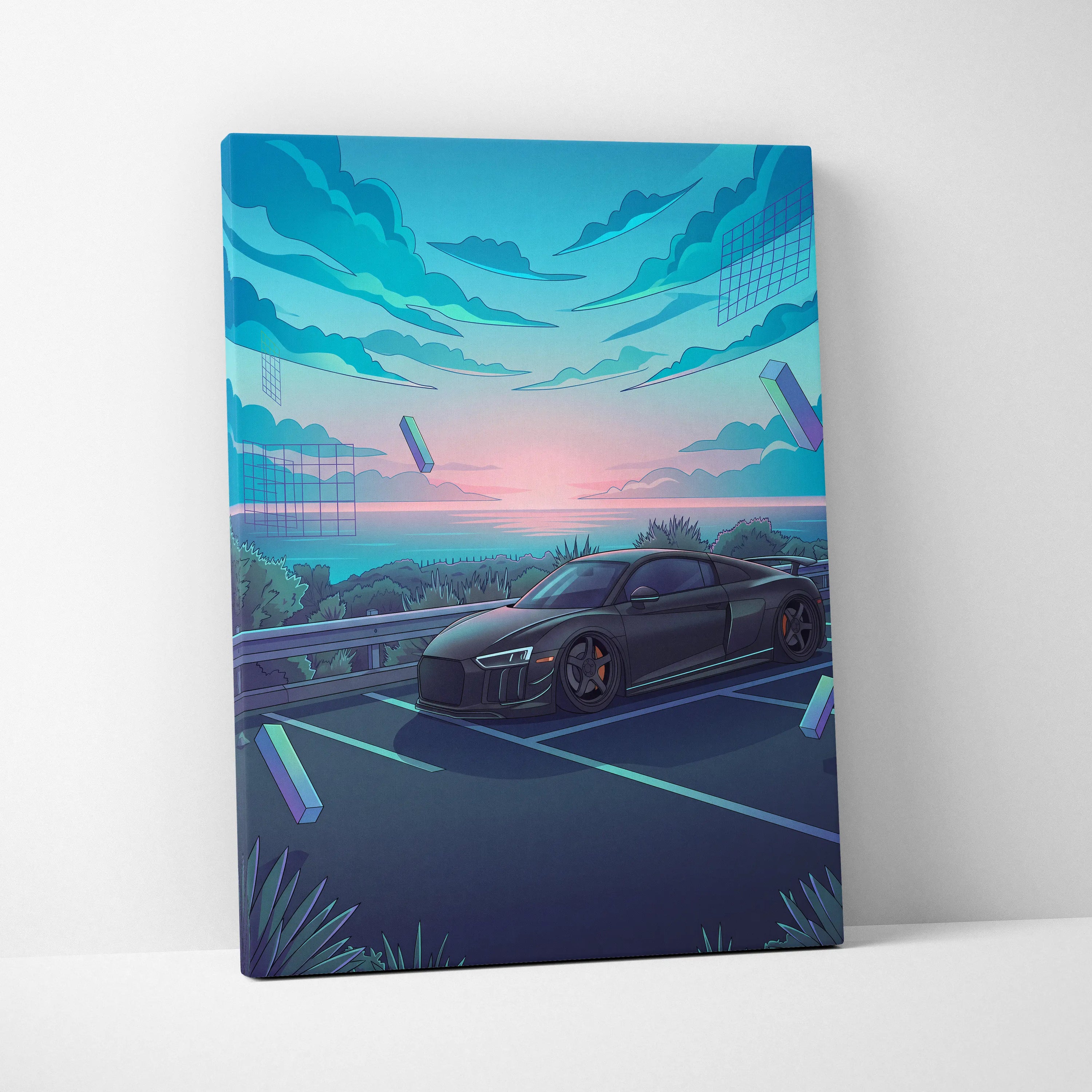 Audi R8 Inspired Black Blue Canvas Wall Art Vaporwave Coastal Road Sports Car Artwork, Dreamy Neon Sunset Garage Decor