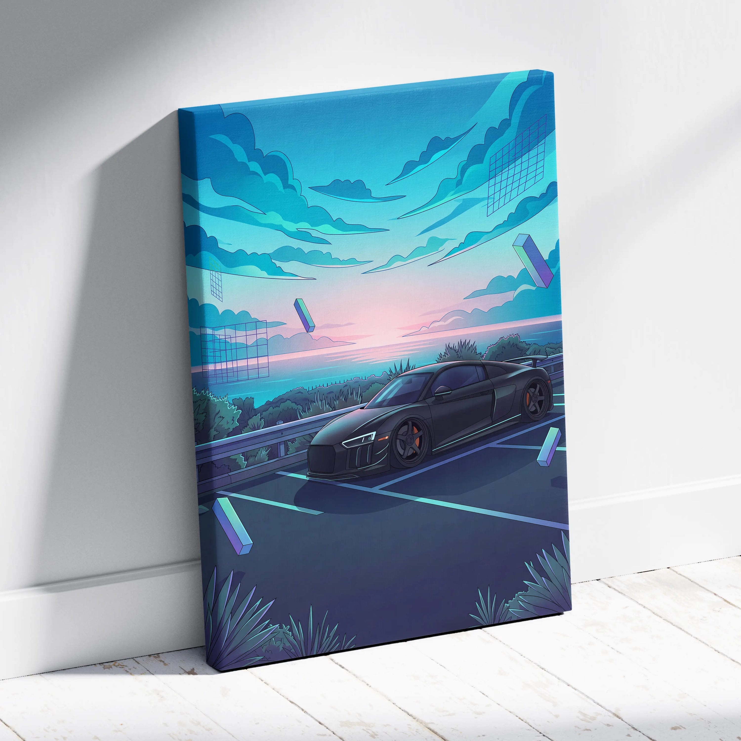 Audi R8 Inspired Black Blue Canvas Wall Art Vaporwave Coastal Road Sports Car Artwork, Dreamy Neon Sunset Garage Decor