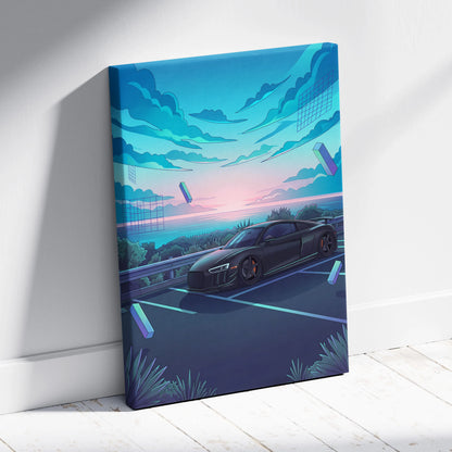 Audi R8 Inspired Black Blue Canvas Wall Art Vaporwave Coastal Road Sports Car Artwork, Dreamy Neon Sunset Garage Decor