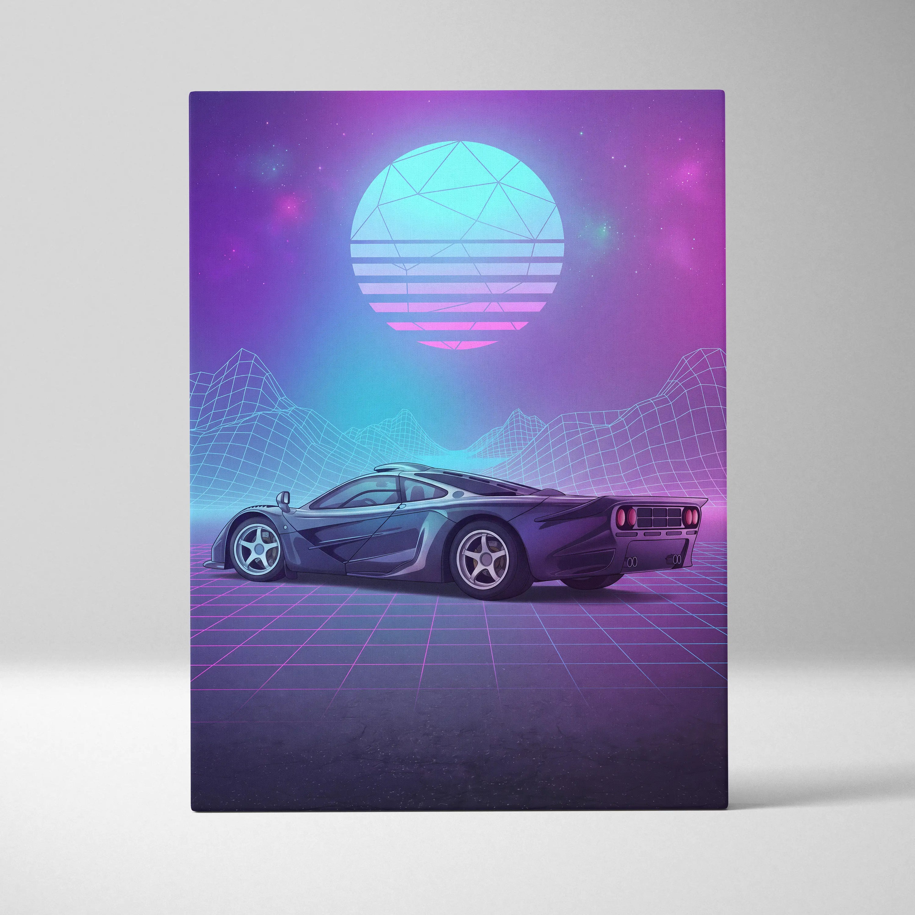 McLaren F1 Inspired Black Purple Canvas Wall Art Vaporwave Neon Grid Hypercar Artwork, Retro Futuristic Garage Decor