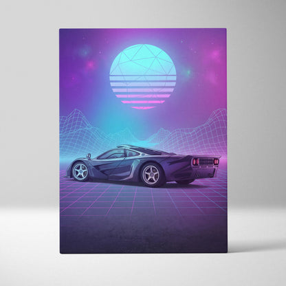 McLaren F1 Inspired Black Purple Canvas Wall Art Vaporwave Neon Grid Hypercar Artwork, Retro Futuristic Garage Decor