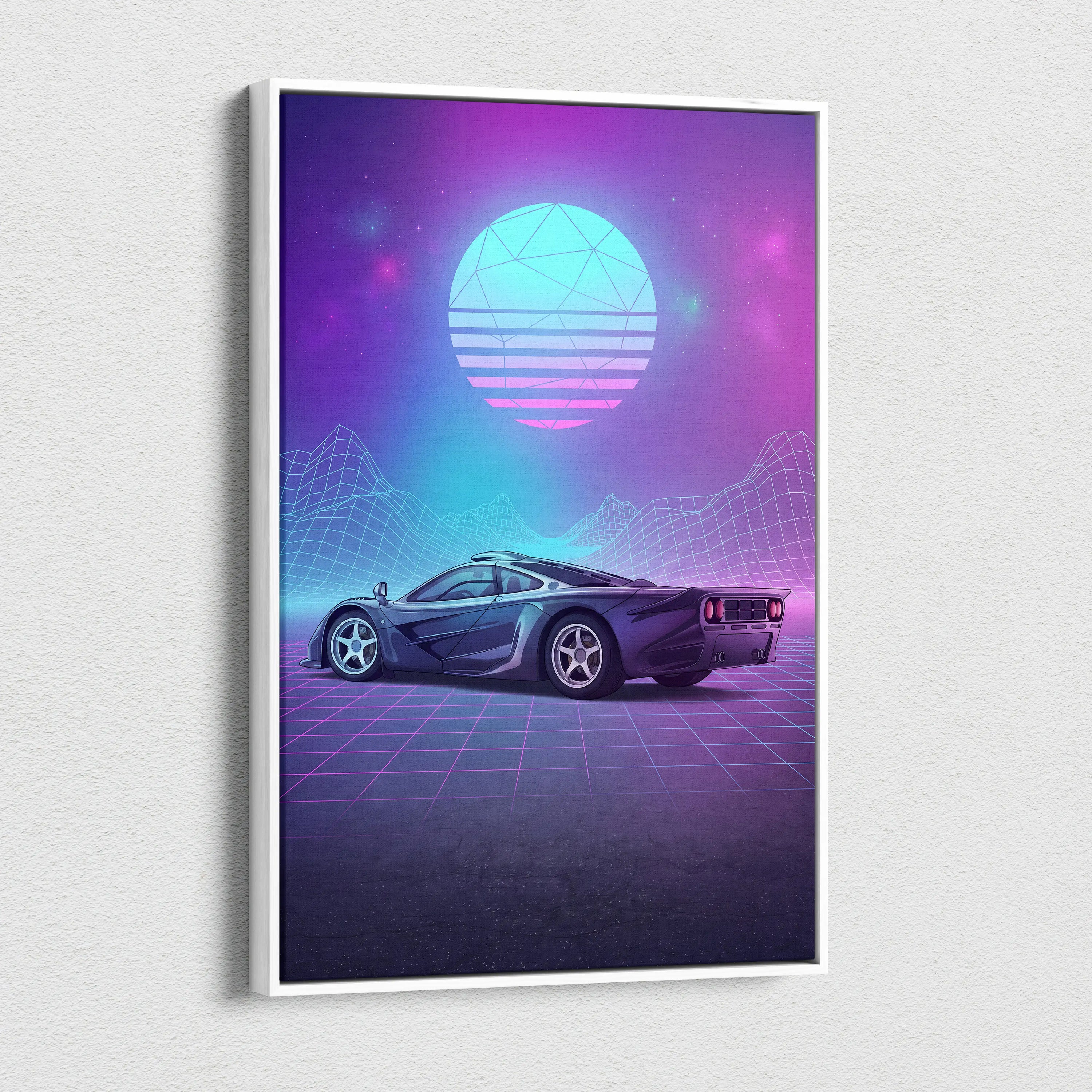 McLaren F1 Inspired Black Purple Canvas Wall Art Vaporwave Neon Grid Hypercar Artwork, Retro Futuristic Garage Decor