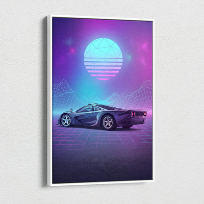 McLaren F1 Inspired Black Purple Canvas Wall Art Vaporwave Neon Grid Hypercar Artwork, Retro Futuristic Garage Decor