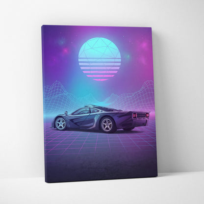 McLaren F1 Inspired Black Purple Canvas Wall Art Vaporwave Neon Grid Hypercar Artwork, Retro Futuristic Garage Decor