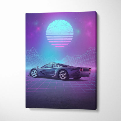 McLaren F1 Inspired Black Purple Canvas Wall Art Vaporwave Neon Grid Hypercar Artwork, Retro Futuristic Garage Decor