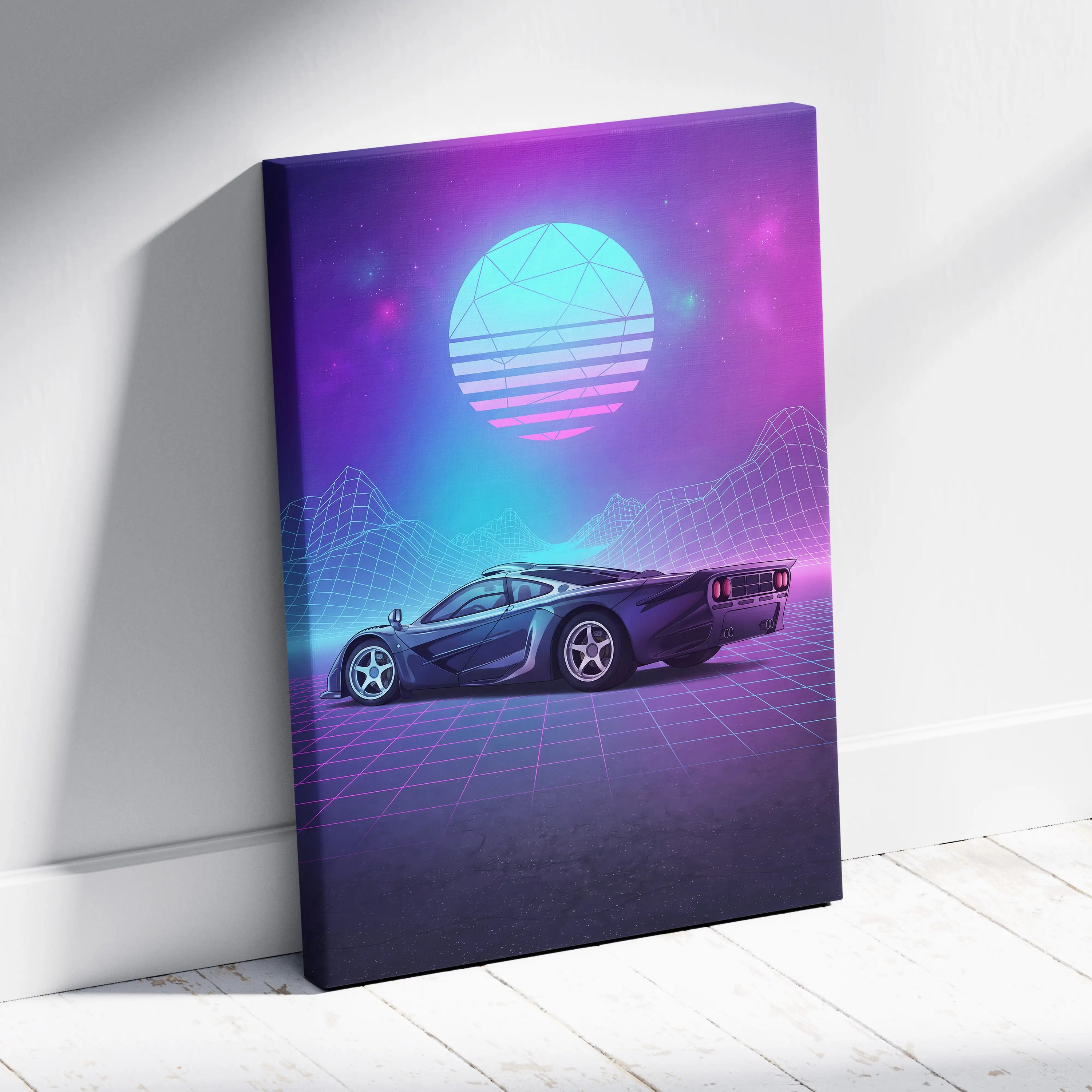 McLaren F1 Inspired Black Purple Canvas Wall Art Vaporwave Neon Grid Hypercar Artwork, Retro Futuristic Garage Decor