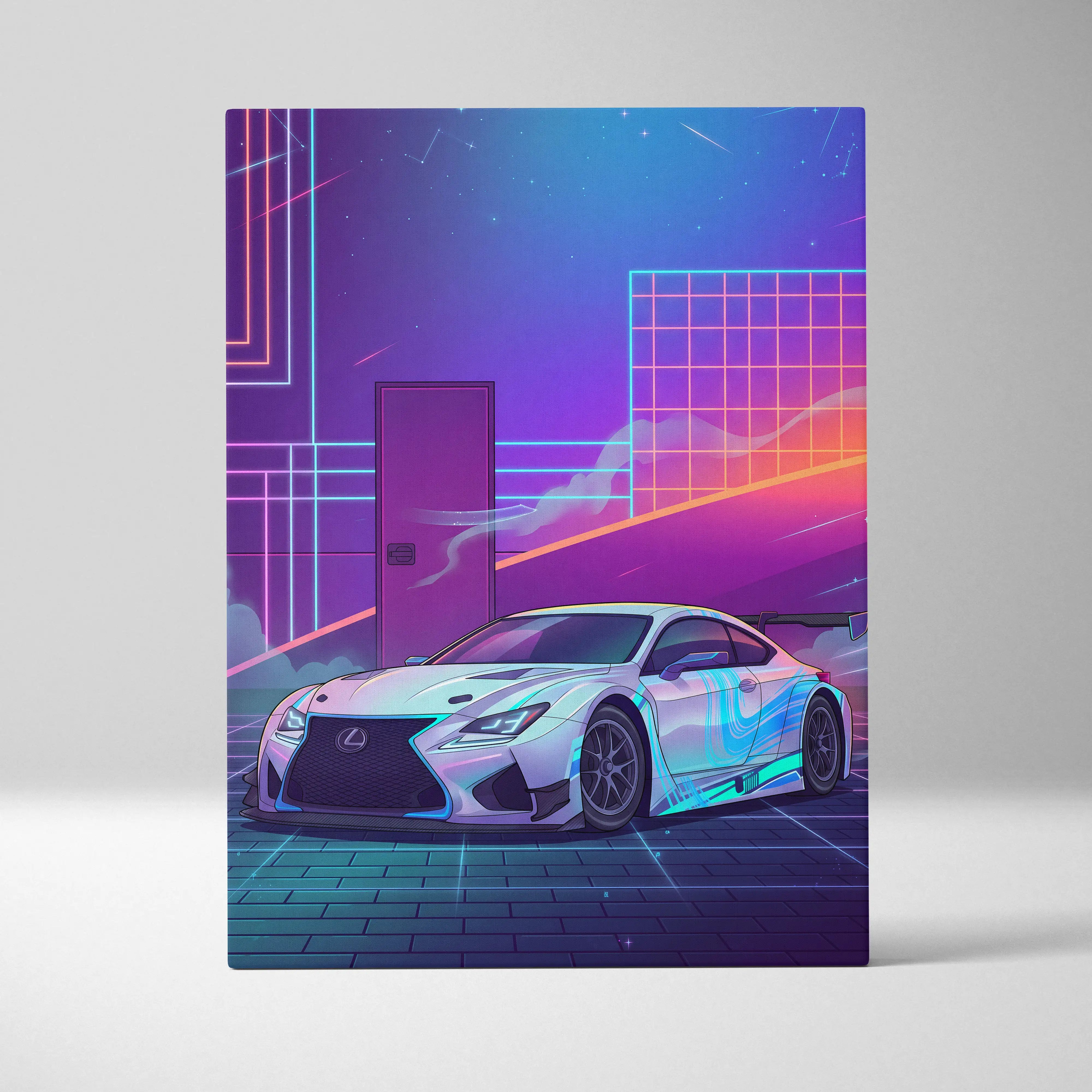 Lexus RC F Inspired White Purple Canvas Wall Art, Vaporwave JDM Track Car Artwork, Neon Grid Garage Decor, Retro Futuristic Auto Print