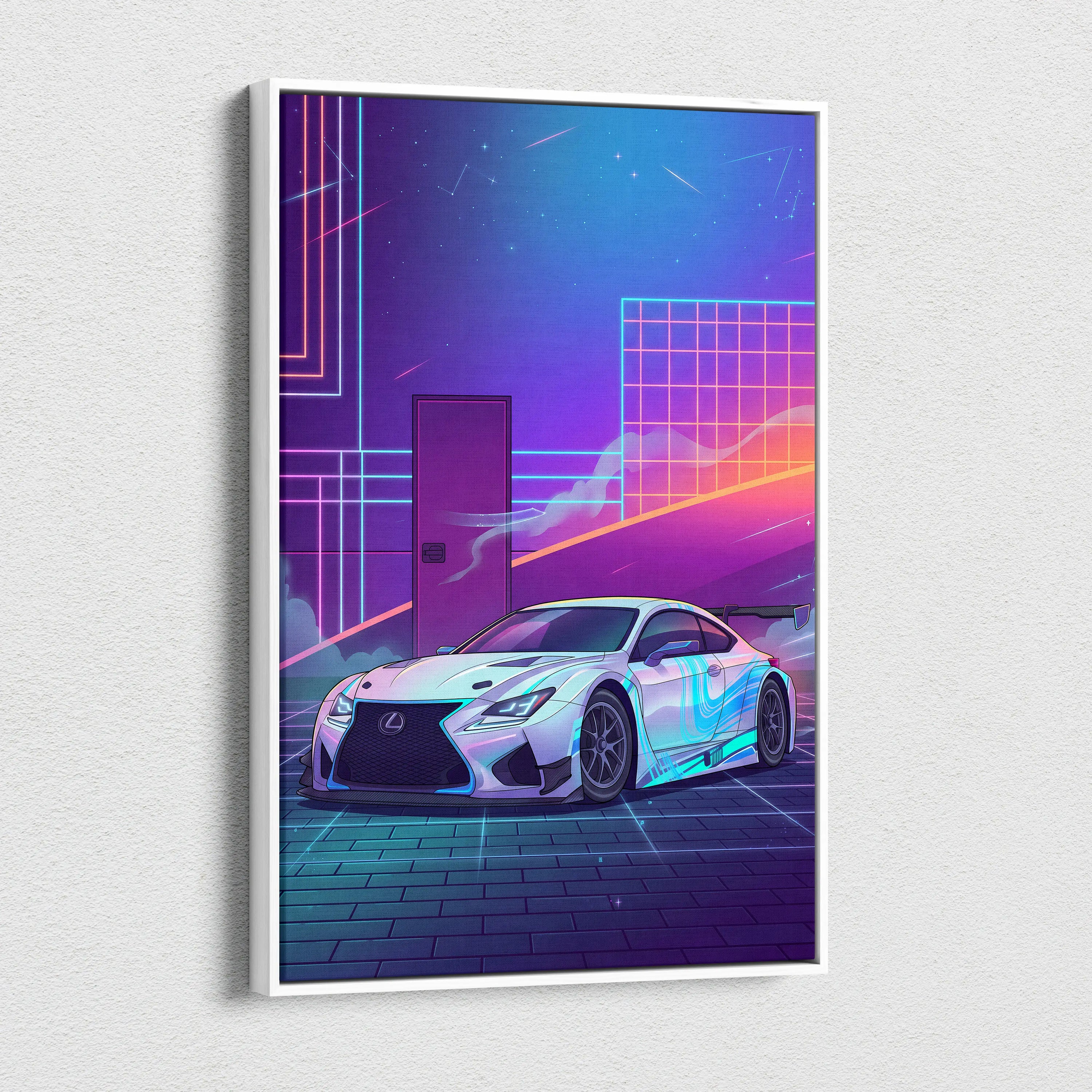 Lexus RC F Inspired White Purple Canvas Wall Art, Vaporwave JDM Track Car Artwork, Neon Grid Garage Decor, Retro Futuristic Auto Print