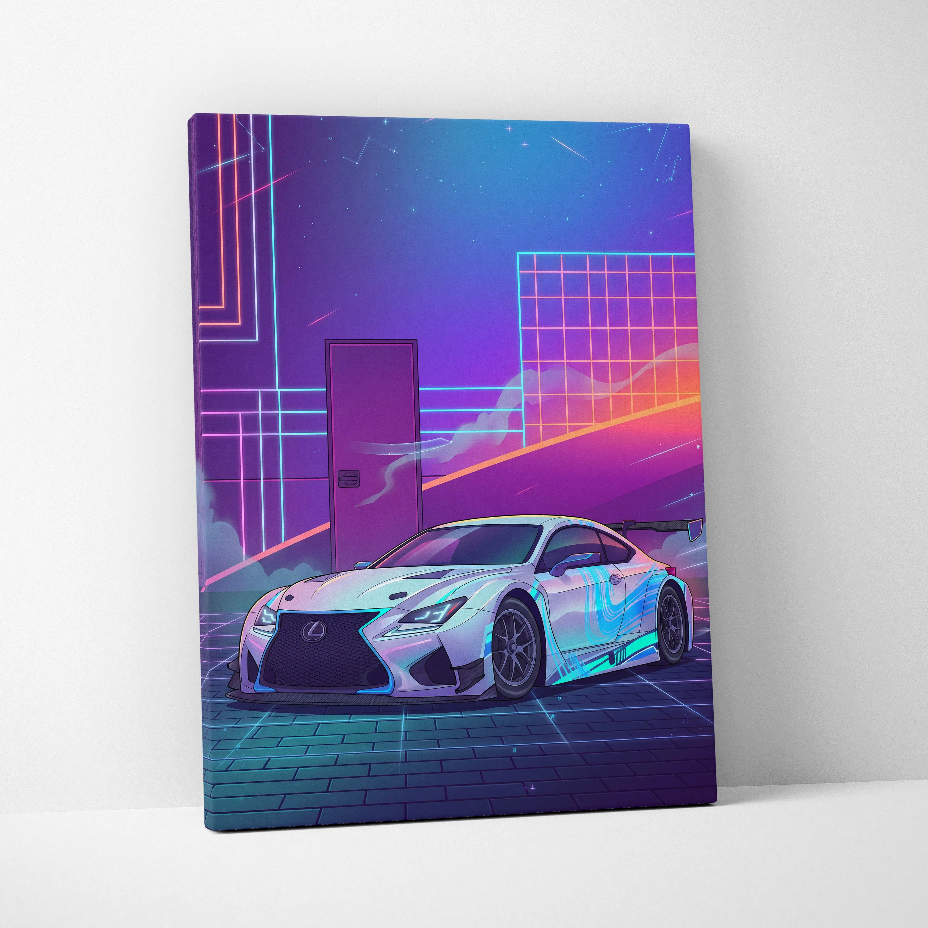 Lexus RC F Inspired White Purple Canvas Wall Art, Vaporwave JDM Track Car Artwork, Neon Grid Garage Decor, Retro Futuristic Auto Print
