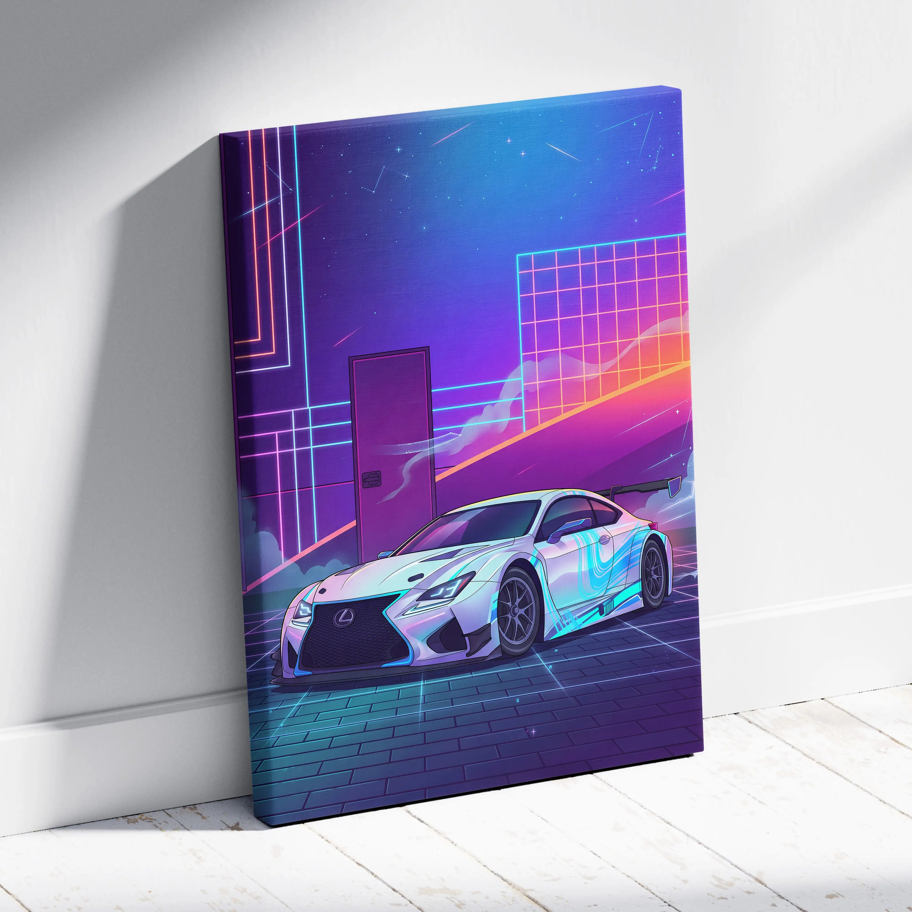 Lexus RC F Inspired White Purple Canvas Wall Art, Vaporwave JDM Track Car Artwork, Neon Grid Garage Decor, Retro Futuristic Auto Print