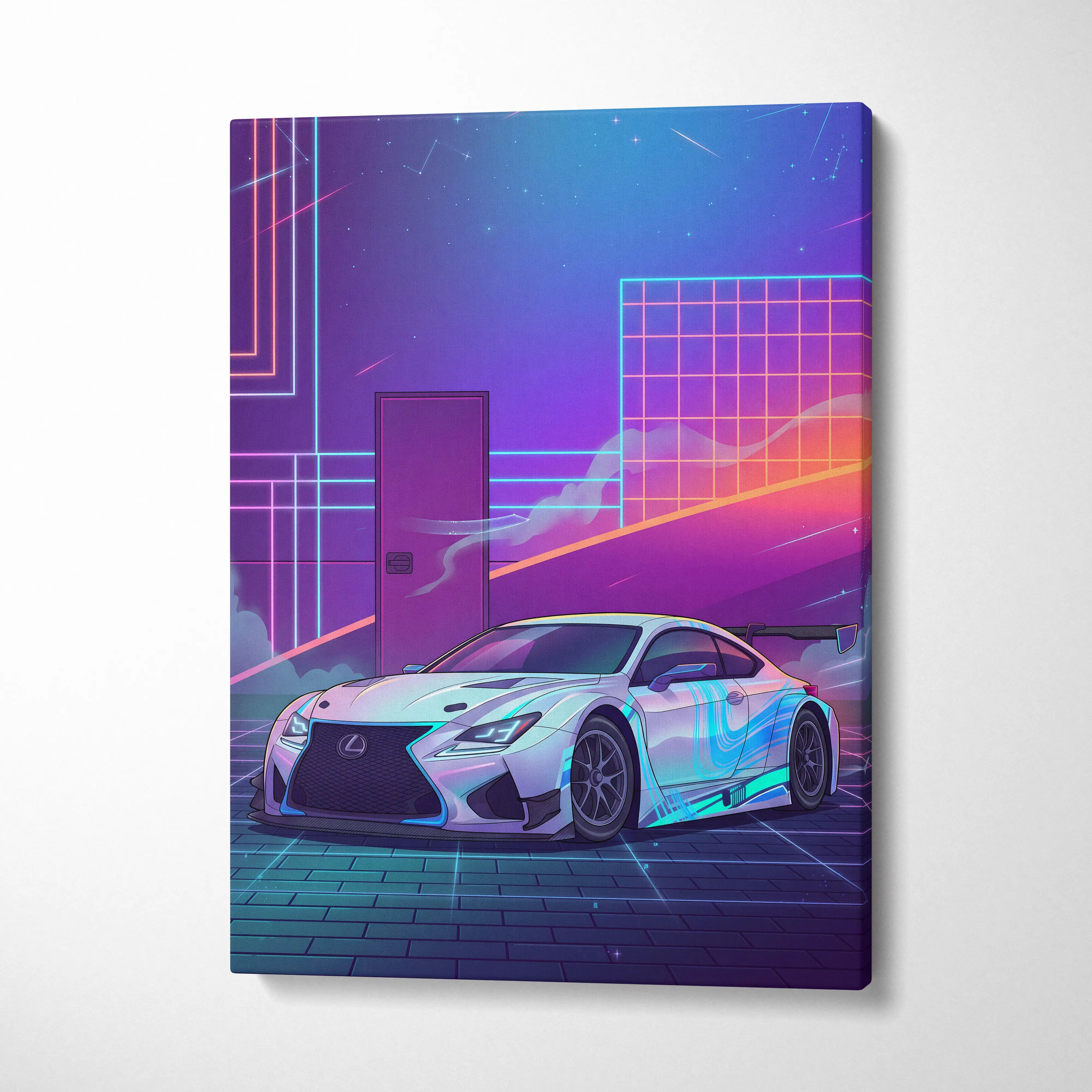 Lexus RC F Inspired White Purple Canvas Wall Art, Vaporwave JDM Track Car Artwork, Neon Grid Garage Decor, Retro Futuristic Auto Print
