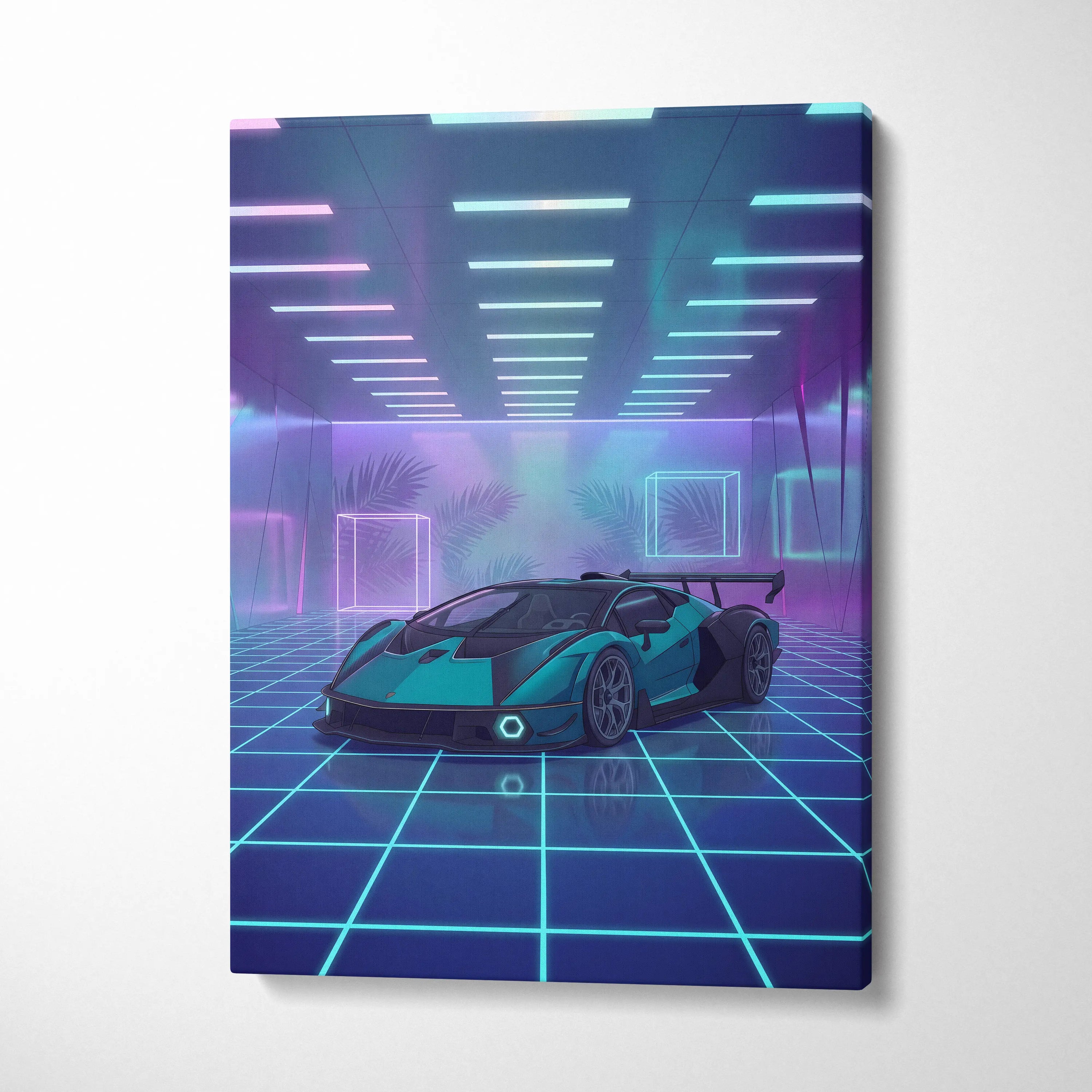 Lamborghini Essenza SCV12 Inspired Teal Purple Canvas Wall Art, Vaporwave Hypercar Artwork, Neon Grid Garage Decor, Retro Futuristic Exotic Print