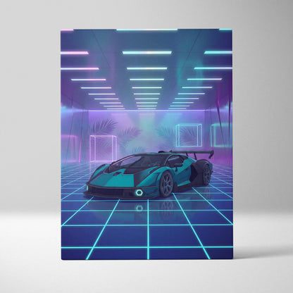 Lamborghini Essenza SCV12 Inspired Teal Purple Canvas Wall Art, Vaporwave Hypercar Artwork, Neon Grid Garage Decor, Retro Futuristic Exotic Print