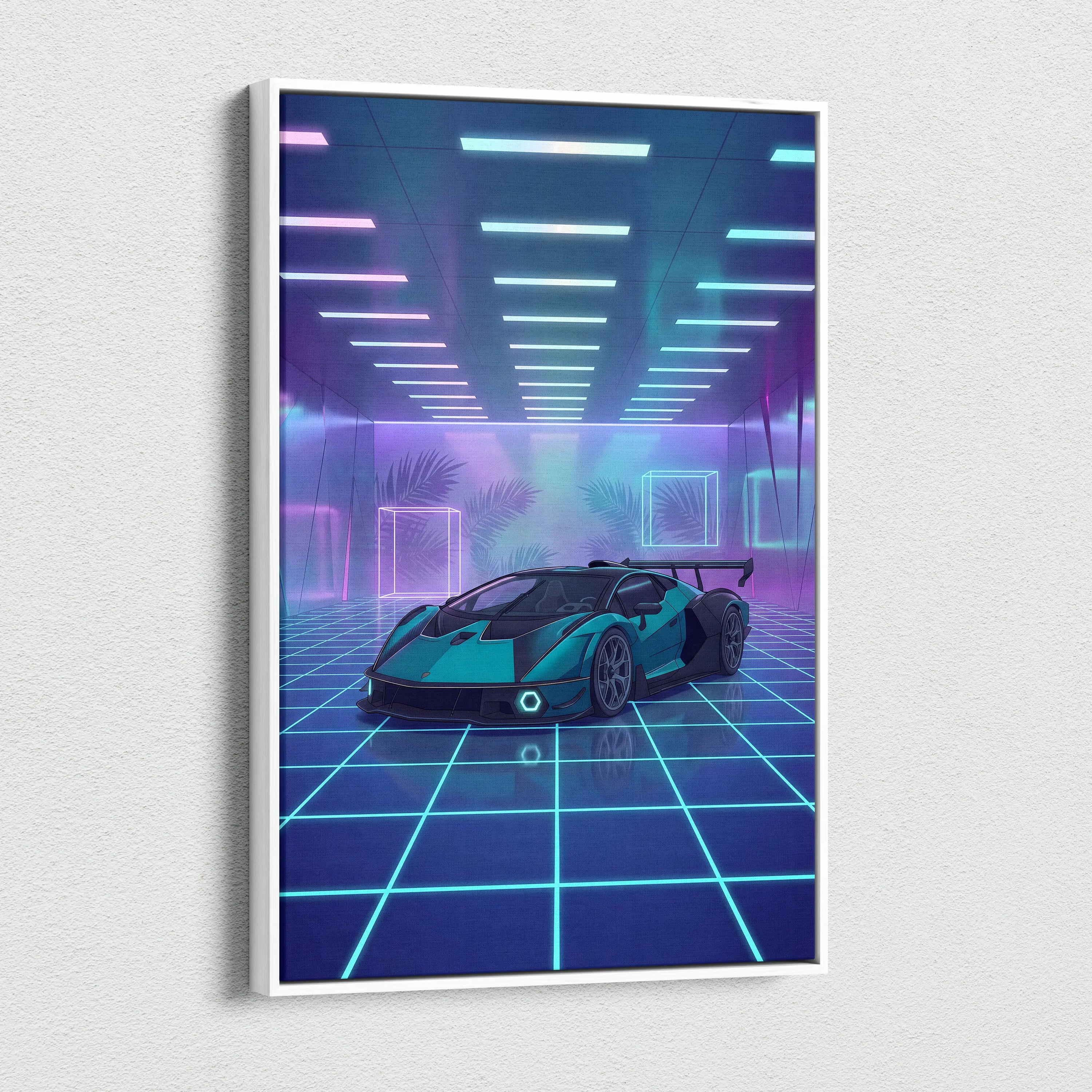 Lamborghini Essenza SCV12 Inspired Teal Purple Canvas Wall Art, Vaporwave Hypercar Artwork, Neon Grid Garage Decor, Retro Futuristic Exotic Print