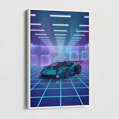 Lamborghini Essenza SCV12 Inspired Teal Purple Canvas Wall Art, Vaporwave Hypercar Artwork, Neon Grid Garage Decor, Retro Futuristic Exotic Print