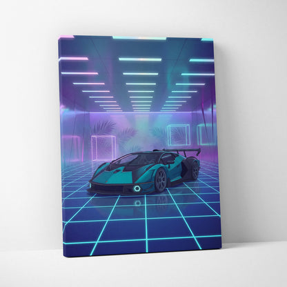 Lamborghini Essenza SCV12 Inspired Teal Purple Canvas Wall Art, Vaporwave Hypercar Artwork, Neon Grid Garage Decor, Retro Futuristic Exotic Print