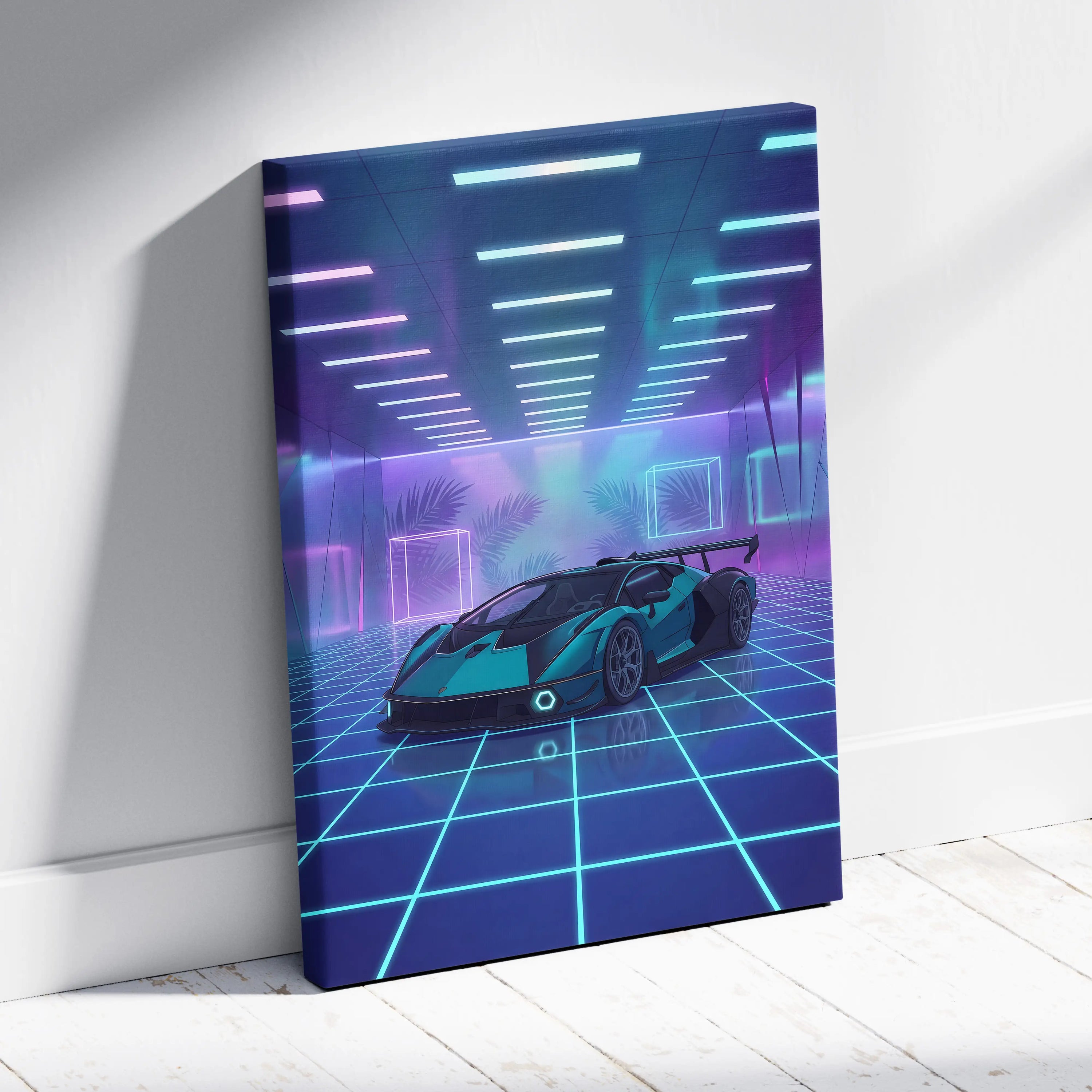 Lamborghini Essenza SCV12 Inspired Teal Purple Canvas Wall Art, Vaporwave Hypercar Artwork, Neon Grid Garage Decor, Retro Futuristic Exotic Print