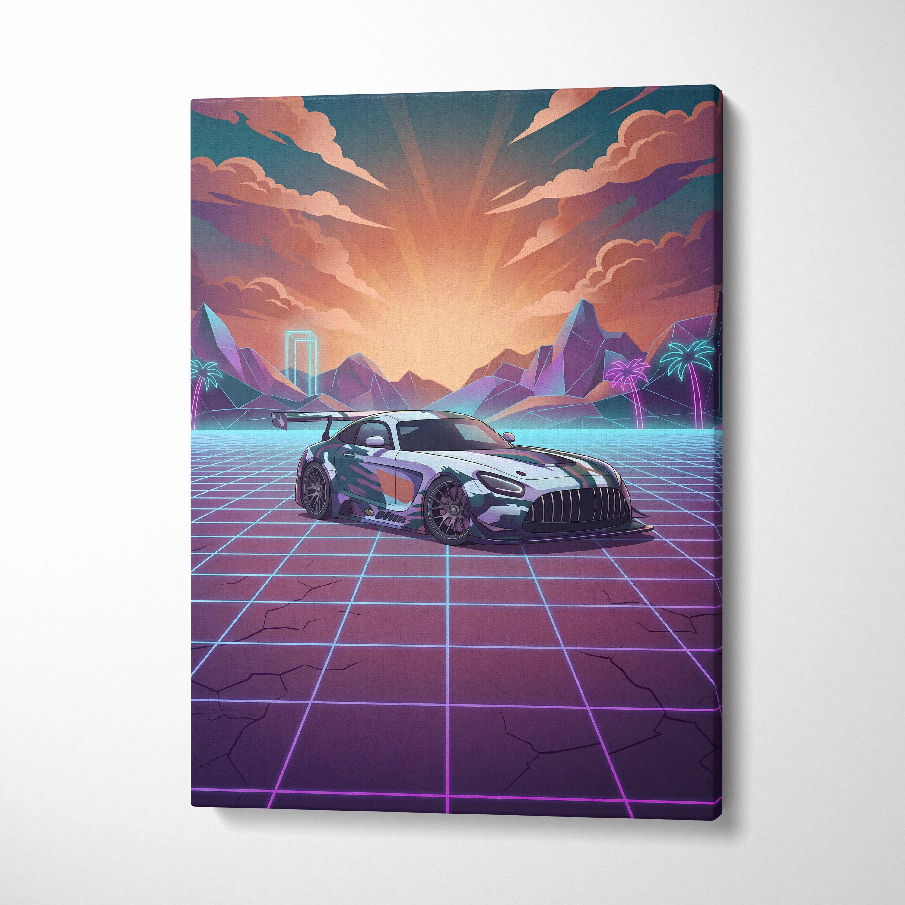 Mercedes-AMG GT3 Inspired White Purple Canvas Wall Art, Neon Vaporwave Race Car Artwork for Modern Garage Decor