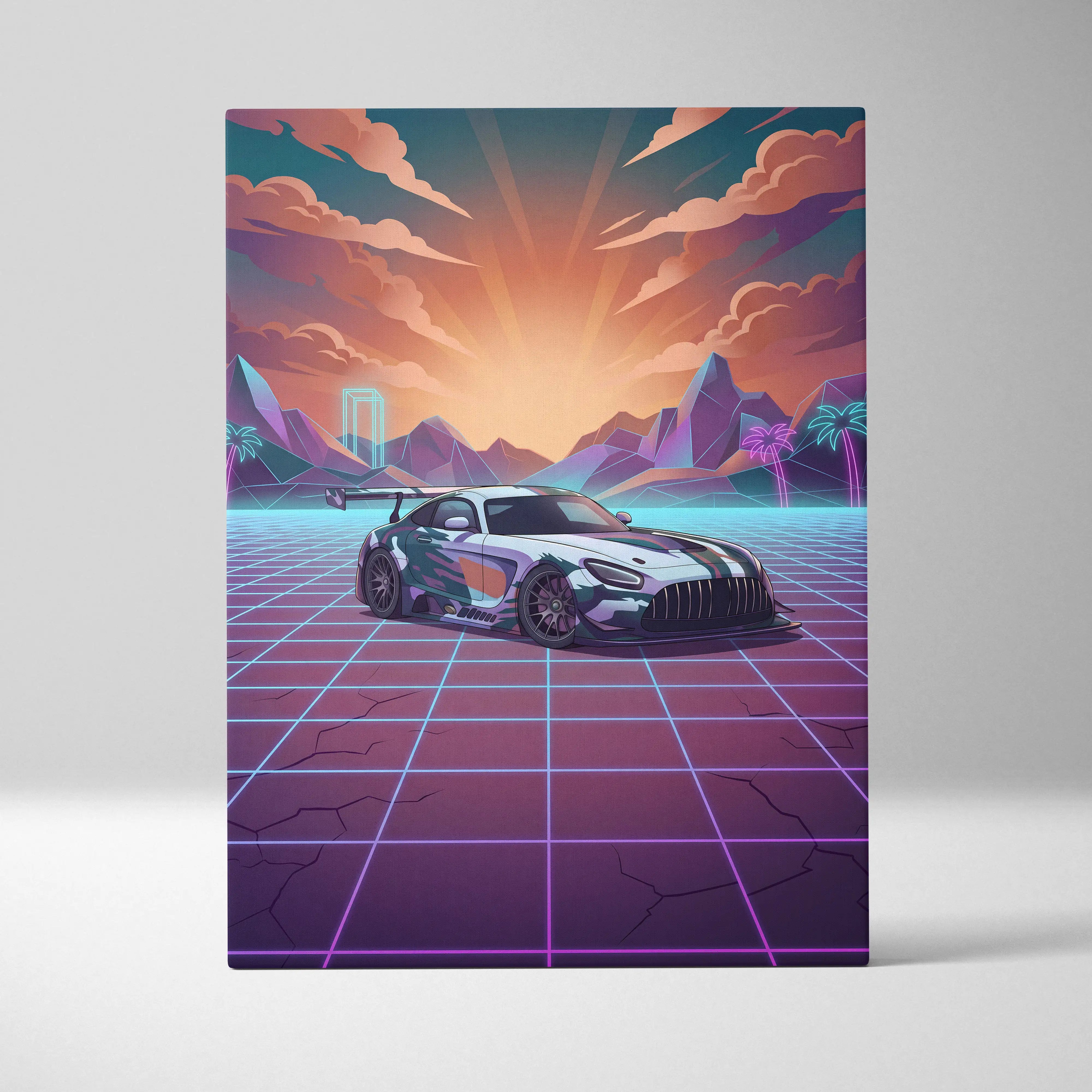 Mercedes-AMG GT3 Inspired White Purple Canvas Wall Art, Neon Vaporwave Race Car Artwork for Modern Garage Decor
