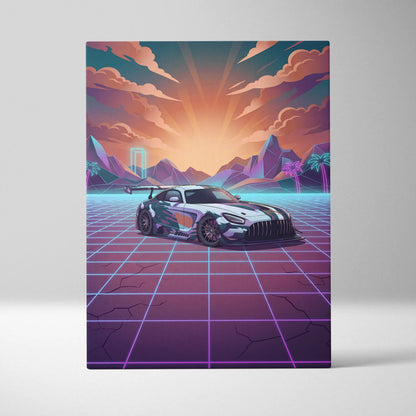 Mercedes-AMG GT3 Inspired White Purple Canvas Wall Art, Neon Vaporwave Race Car Artwork for Modern Garage Decor