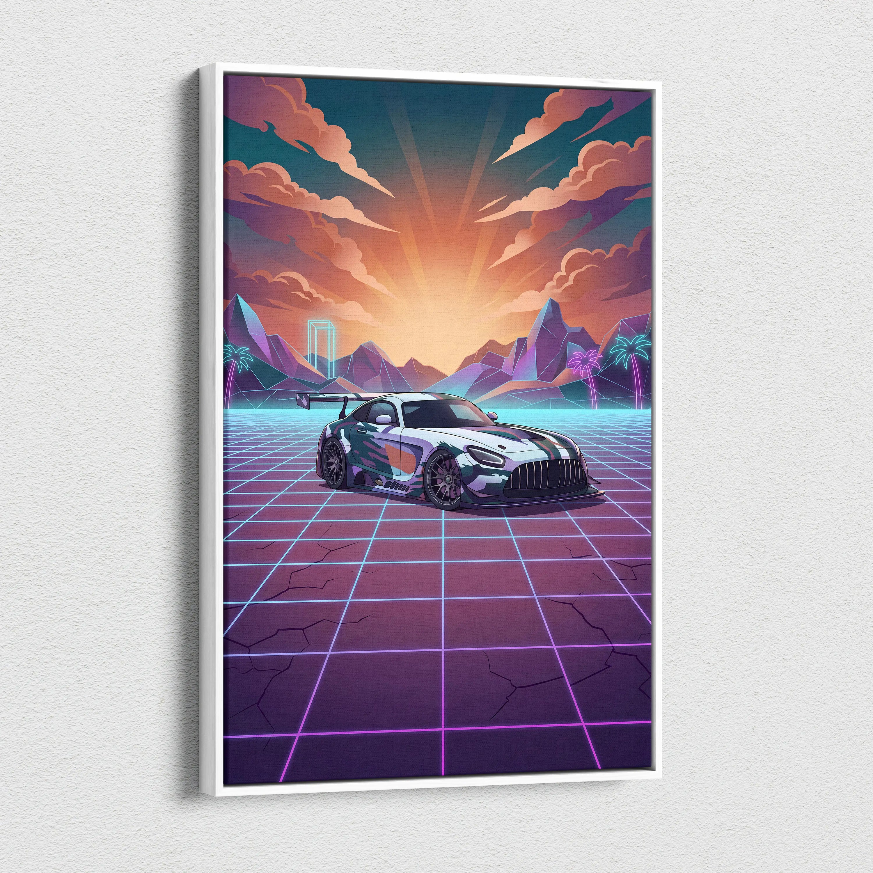 Mercedes-AMG GT3 Inspired White Purple Canvas Wall Art, Neon Vaporwave Race Car Artwork for Modern Garage Decor