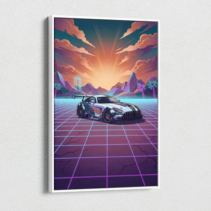 Mercedes-AMG GT3 Inspired White Purple Canvas Wall Art, Neon Vaporwave Race Car Artwork for Modern Garage Decor