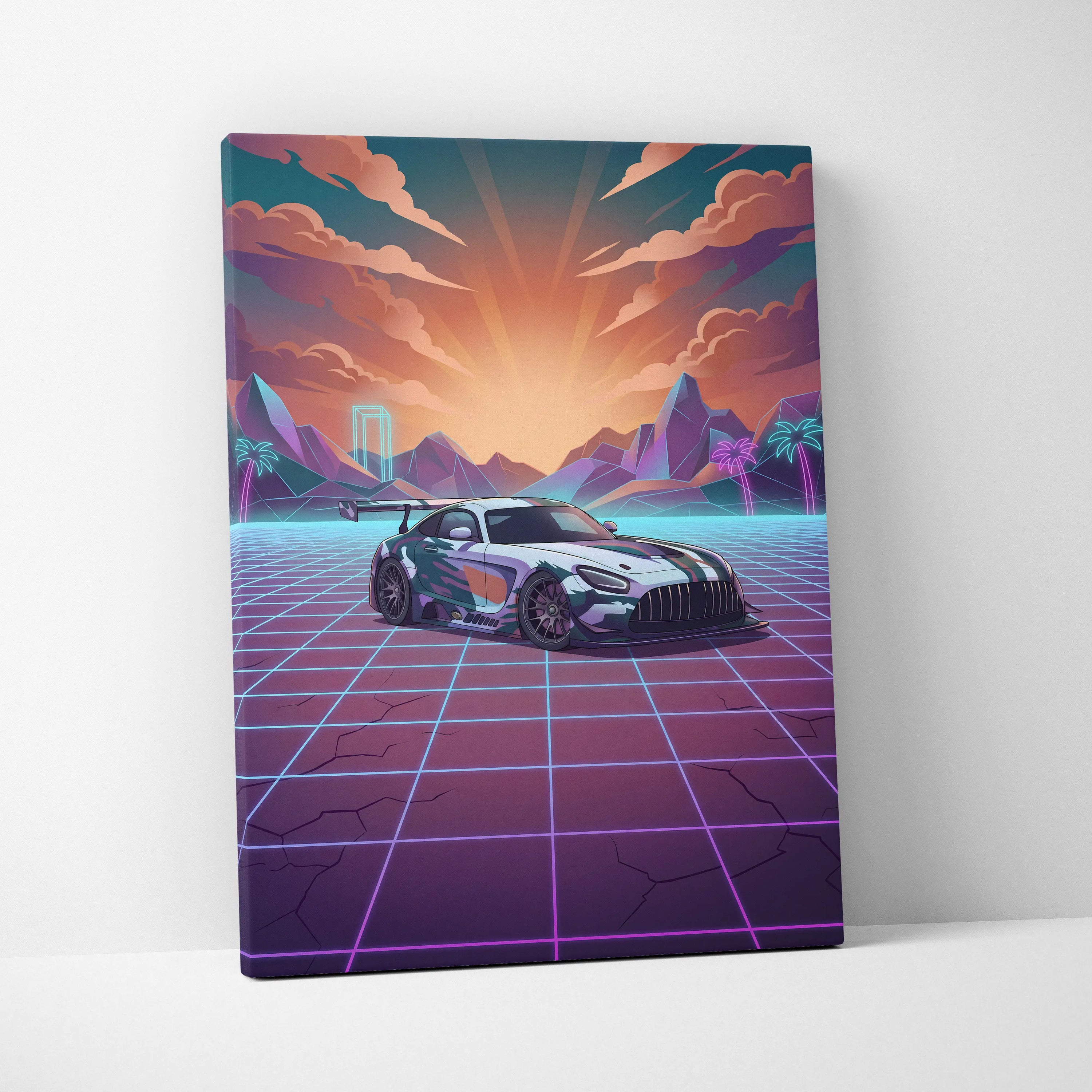 Mercedes-AMG GT3 Inspired White Purple Canvas Wall Art, Neon Vaporwave Race Car Artwork for Modern Garage Decor