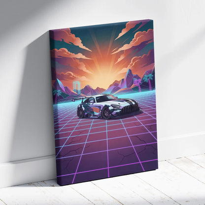 Mercedes-AMG GT3 Inspired White Purple Canvas Wall Art, Neon Vaporwave Race Car Artwork for Modern Garage Decor
