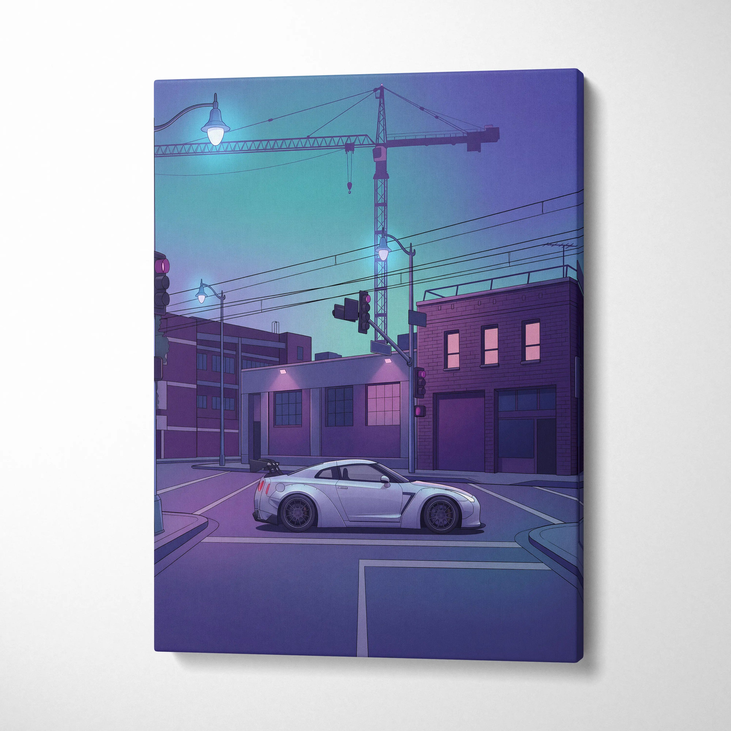 Nissan GT-R R35 Inspired Silver Purple Canvas Wall Art, Vaporwave JDM Supercar Artwork, Neon City Garage Decor, Retro Futuristic Print