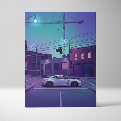 Nissan GT-R R35 Inspired Silver Purple Canvas Wall Art, Vaporwave JDM Supercar Artwork, Neon City Garage Decor, Retro Futuristic Print