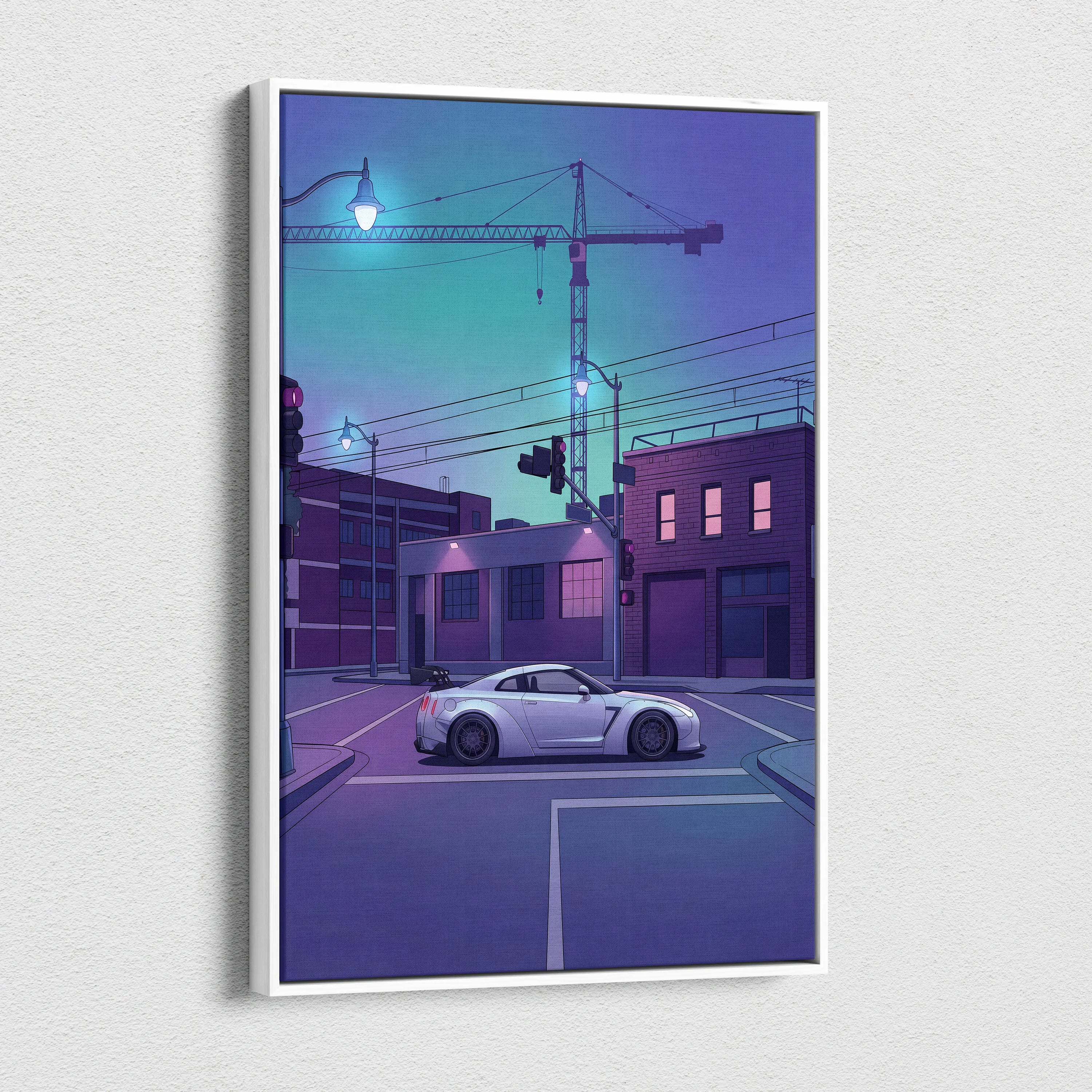 Nissan GT-R R35 Inspired Silver Purple Canvas Wall Art, Vaporwave JDM Supercar Artwork, Neon City Garage Decor, Retro Futuristic Print