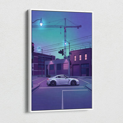 Nissan GT-R R35 Inspired Silver Purple Canvas Wall Art, Vaporwave JDM Supercar Artwork, Neon City Garage Decor, Retro Futuristic Print