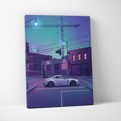 Nissan GT-R R35 Inspired Silver Purple Canvas Wall Art, Vaporwave JDM Supercar Artwork, Neon City Garage Decor, Retro Futuristic Print