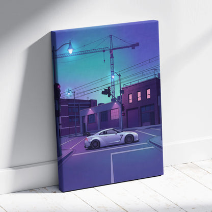 Nissan GT-R R35 Inspired Silver Purple Canvas Wall Art, Vaporwave JDM Supercar Artwork, Neon City Garage Decor, Retro Futuristic Print