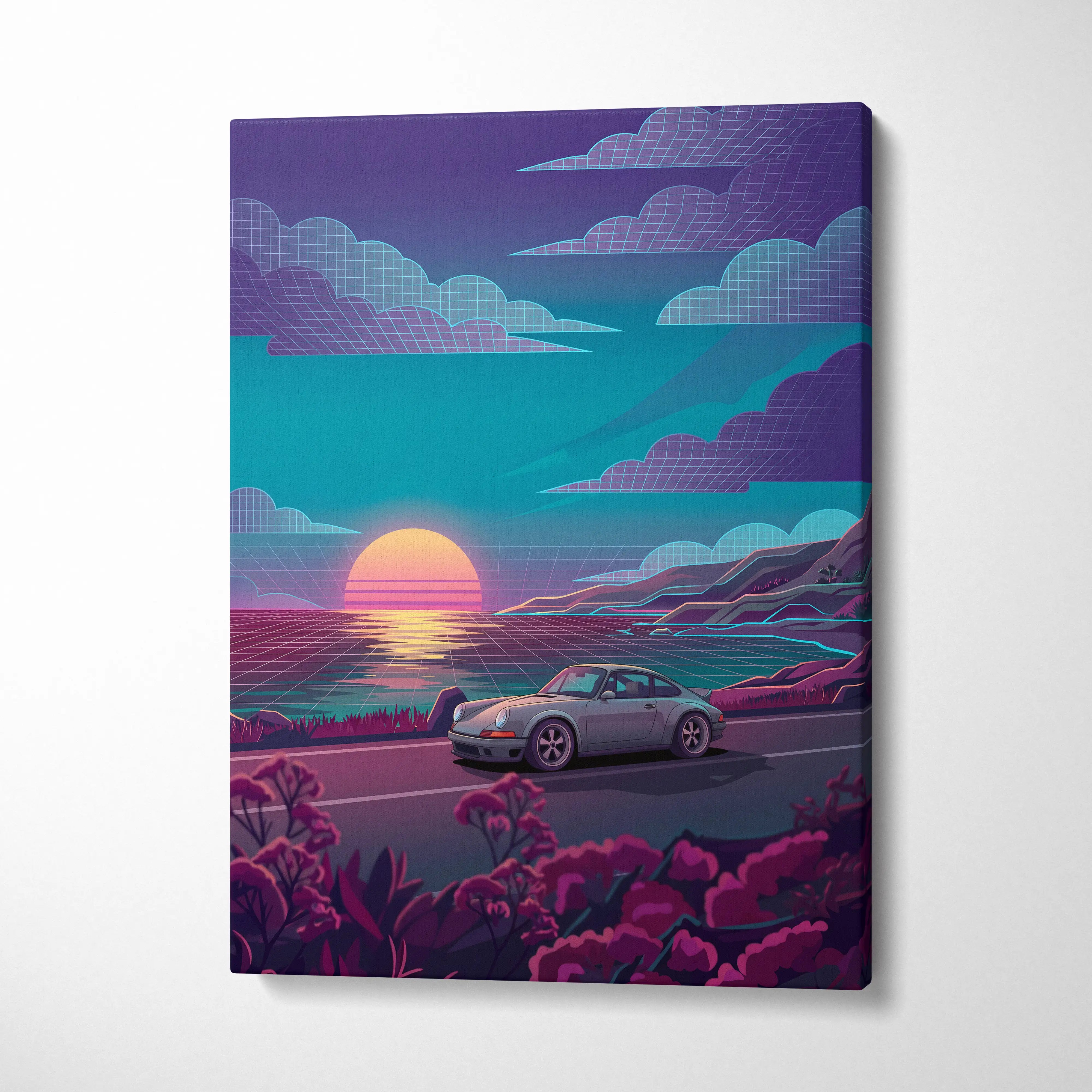 Porsche 911 Classic Inspired Silver Teal Coastal Canvas Wall Art Vaporwave Classic Car Artwork, Sunset Ocean Road Garage Decor Retro Futuristic Print