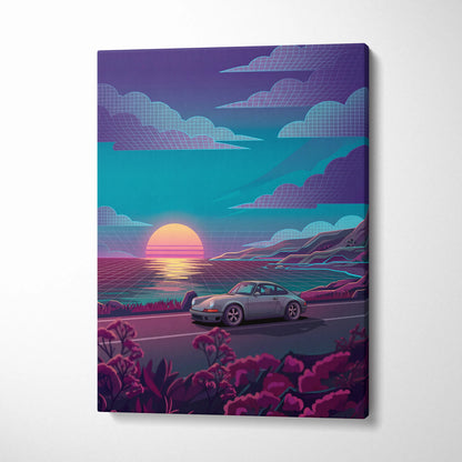 Porsche 911 Classic Inspired Silver Teal Coastal Canvas Wall Art Vaporwave Classic Car Artwork, Sunset Ocean Road Garage Decor Retro Futuristic Print