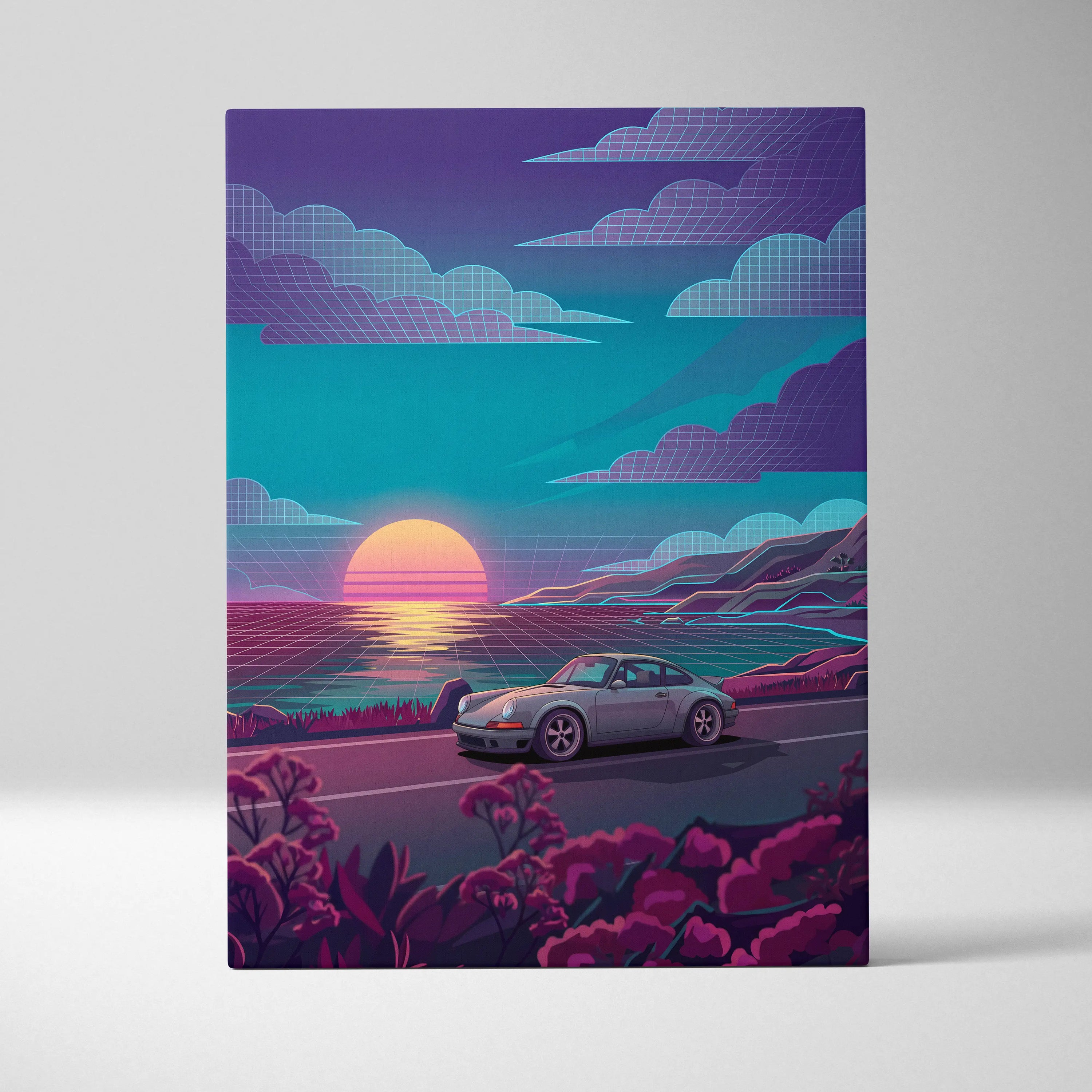 Porsche 911 Classic Inspired Silver Teal Coastal Canvas Wall Art Vaporwave Classic Car Artwork, Sunset Ocean Road Garage Decor Retro Futuristic Print