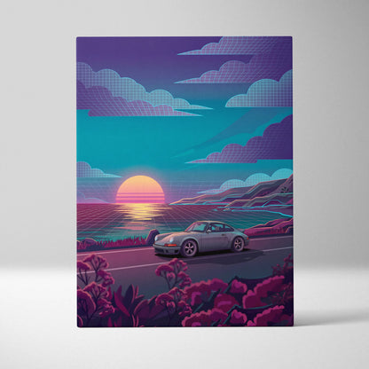 Porsche 911 Classic Inspired Silver Teal Coastal Canvas Wall Art Vaporwave Classic Car Artwork, Sunset Ocean Road Garage Decor Retro Futuristic Print
